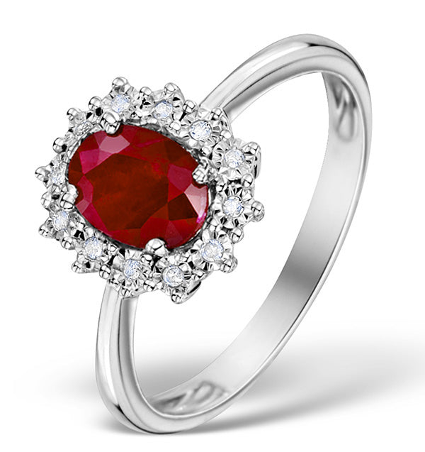 Ruby Ring With Lab Diamond Halo 7 x 5mm Set in 925 Silver